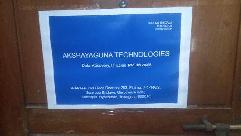 Akshayaguna data recovery services - Akshayaguna data recovery services, akshayaguna technologies, flat no 201, swaroop enclave, plot no 7-1-146/2, Gurudwara Ln, Hanuman Temple Complex, Swathi Avenue, Ameerpet, Hyderabad, Telangana 500016, India
