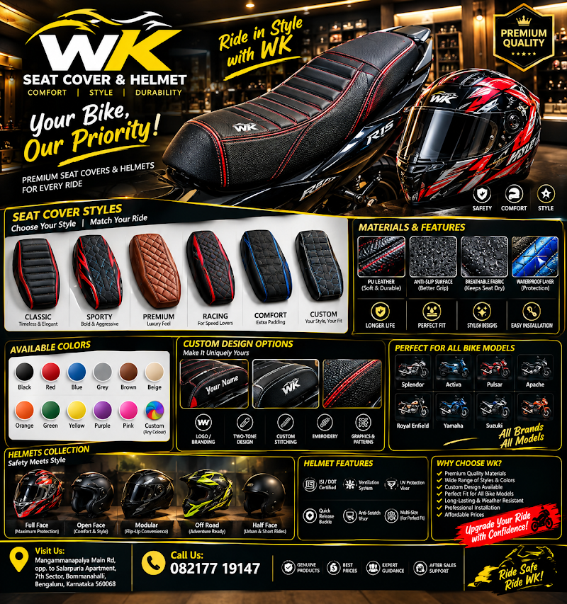 WK Seat cover and Helmet - WK Seat cover and Helmet Mangammanapalya Main Rd, opp. to Salarpuria Apartment, 7th Sector, Bommanahalli, Bengaluru, Karnataka 560068, India