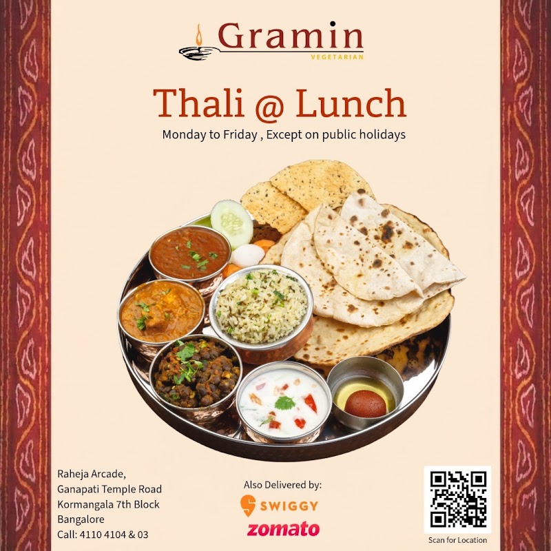 Gramin | Veg Restaurant - Gramin | Veg Restaurant 140, Ground, Raheja Arcade, 139, Ganapathi Temple Rd, near The Forum (Nexus) Mall, 7th Block, Koramangala, Bengaluru, Karnataka 560095, India