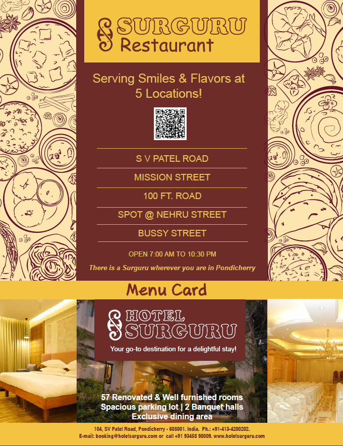Surguru Veg Restaurant ஸற்குரு உணவகம் - Surguru Veg Restaurant ஸற்குரு உணவகம் 104, Sardar Vallabbhai Patel Salai, Heritage Town, Puducherry, 605001, India
