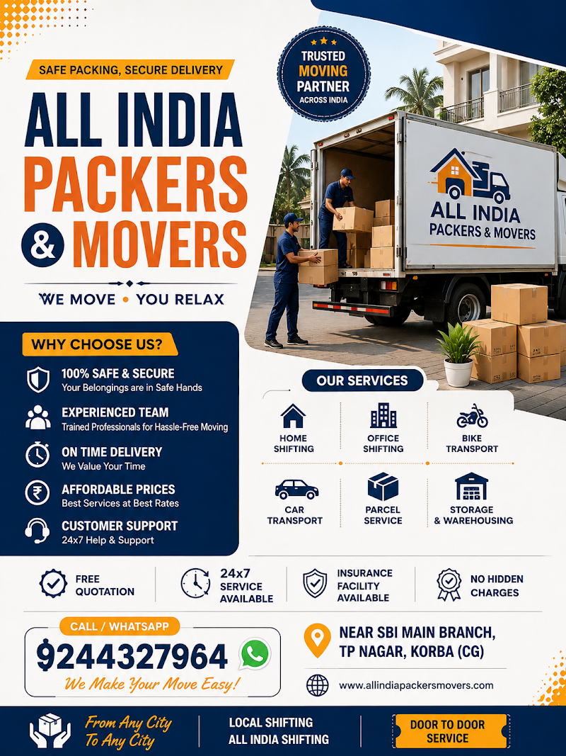 All India Packers and Movers - All India Packers and Movers, Indira residential and commercial complex plot no 328 korba Chhattisgarh Near sbi main branch tejsingh, motor driving school, TP Nagar Rd, Nehru Nagar, Korba, Chhattisgarh 495677, India
