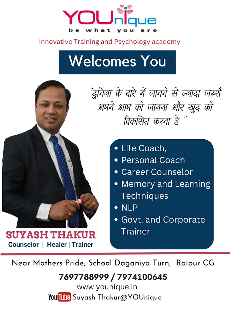 Suyash Thakur ~YOUnique An Innovative Education & Psychology Academy Counseling|Psychotherapy|Mental well-being|Psychologist - Suyash Thakur ~YOUnique An Innovative Education & Psychology Academy Counseling|Psychotherapy|Mental well-being|Psychologist, In front, Pahadi Talab, Banjari Mandir, Kushalpur, Lakhe Nagar, Raipur, Chhattisgarh 492001, India
