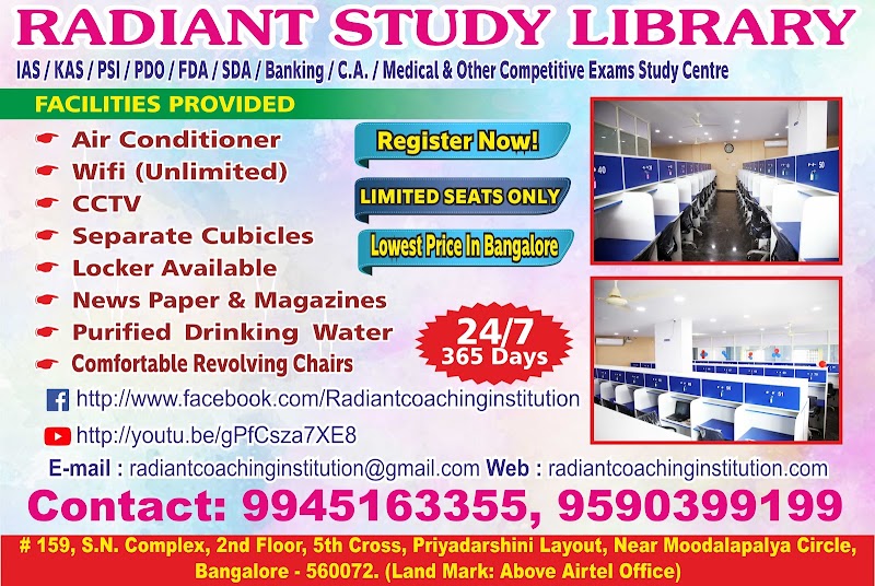 Radiant Study Library - Radiant Study Library SN Complex, Priyadarshini Layout 5th Cross, Nagarabhavi Main road, Circle, near Moodalpalya, SVG Nagar, Govindaraja Nagar Ward, Shivananda Nagar, Vijayanagar, Bengaluru, Karnataka 560072, India