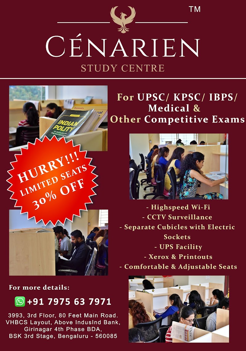 Cénarien Study Centre | Study Space | Study Library | Work Space - Cénarien Study Centre | Study Space | Study Library | Work Space 3rd Floor, No, 3993, 80 Feet Rd, 1st phase Girinagar, 4th Phase, Banashankari 3rd Stage, Banashankari, Bengaluru, Karnataka 560050, India