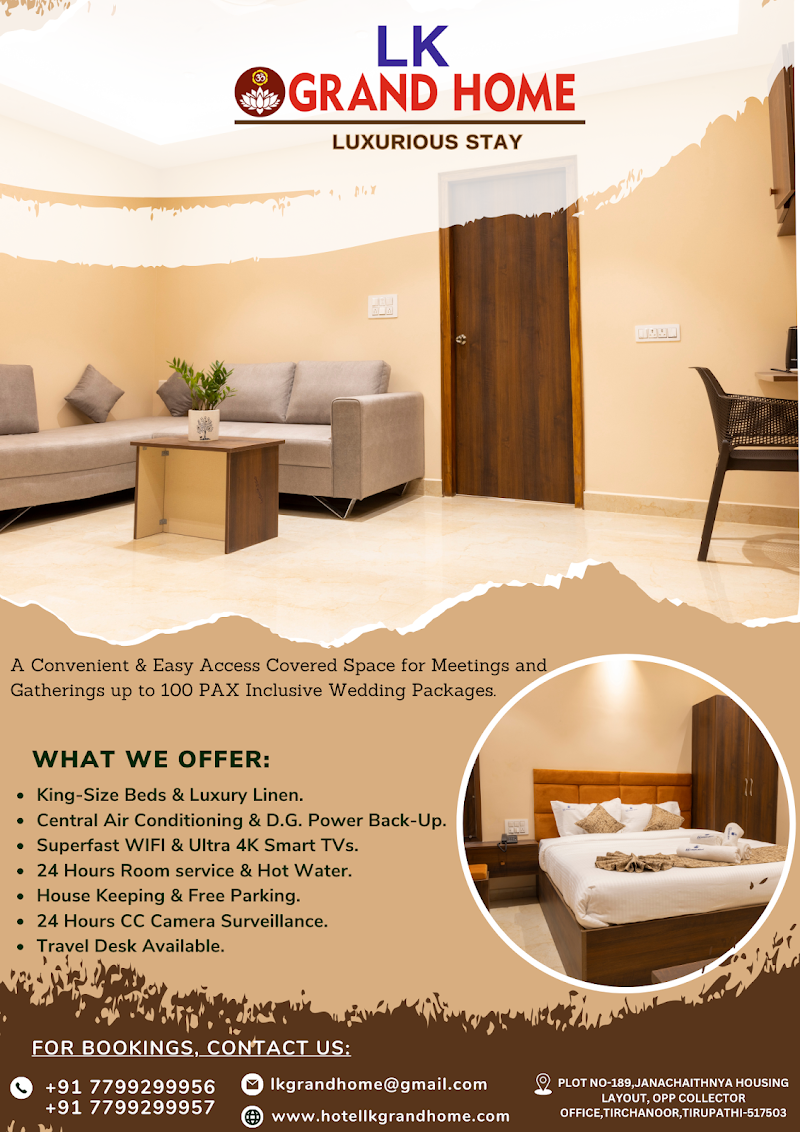Hotel LK Grand Home - Hotel LK Grand Home PLOT NO.189,JANACHAITHNYA HOUSING LAYOUT OPPOSIE TO OLLECTOR, OFFICE,TICHANOOR, Konkachennaiahgunta, Tiruchanur, Andhra Pradesh 517503, India