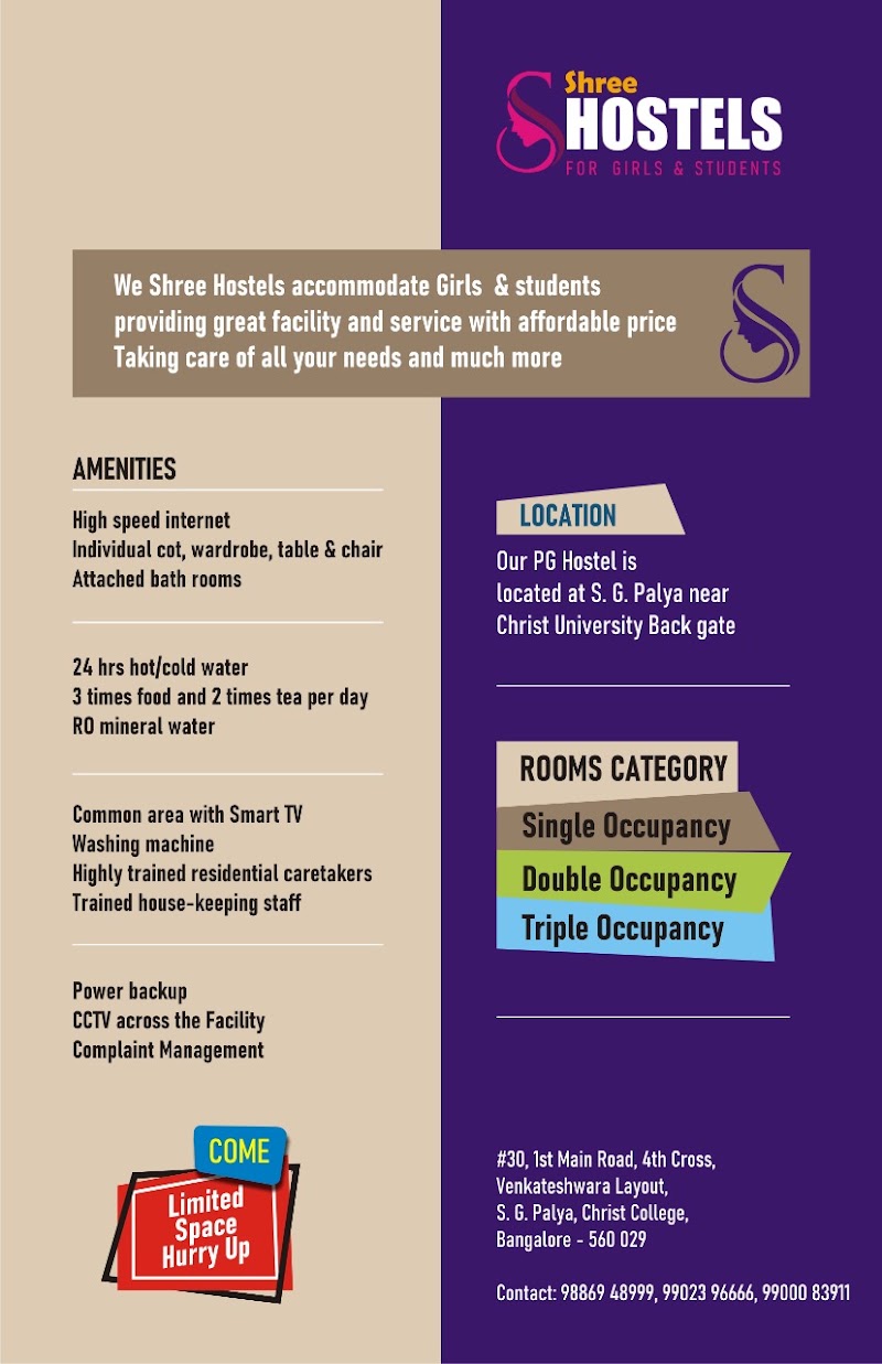 Shree hostel for ladies - Shree hostel for ladies 30 1st main road, Christ University, 4th Cross Rd, Venkateshwara Layout, S.G. Palya, Bengaluru, Karnataka 560029, India