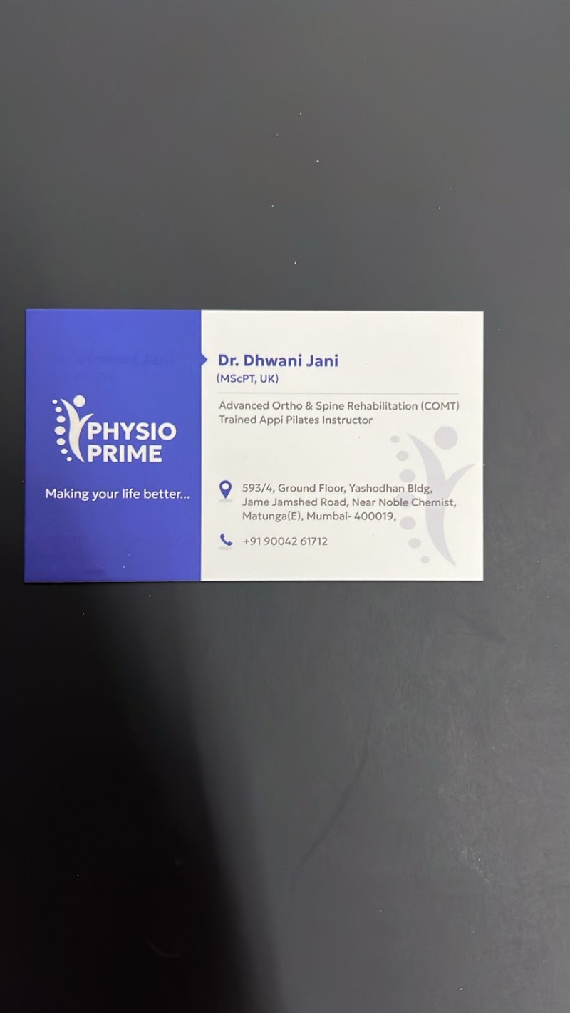 Dr. Dhwani Jani - Physiotherapist in Matunga | Sports Physio, Spine Rehab, Neuro Physio in Matunga - Dr. Dhwani Jani - Physiotherapist in Matunga | Sports Physio, Spine Rehab, Neuro Physio in Matunga, Physio Prime, 593/4, Yashodhan, Jame Jamshed Rd, near Noble Chemist, Matunga East, Mumbai, Maharashtra 400019, India