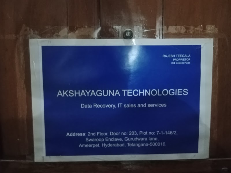 Akshayaguna data recovery services - Akshayaguna data recovery services, akshayaguna technologies, flat no 201, swaroop enclave, plot no 7-1-146/2, Gurudwara Ln, Hanuman Temple Complex, Swathi Avenue, Ameerpet, Hyderabad, Telangana 500016, India