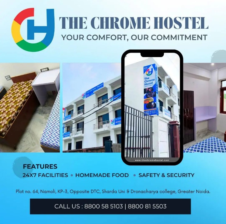 The Chrome Hostel - Best Boy's hostel in greater Noida - The Chrome Hostel - Best Boy's hostel in greater Noida Near Sharda University opposite DTC college plot no - 64 Namoli knowledge park 3 greater noida Oposite, Dronacharya college, Knowledge Park III, Greater Noida, Gujarpur, Uttar Pradesh 201306, India
